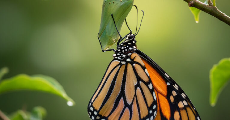 Monach butterfly out of a cocoon.
