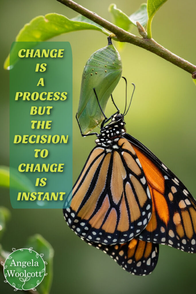 Photo of a monarch butterfly hanging on a cocoon, with a positive quote. AI-generated image.
