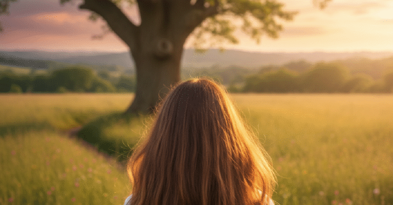 A young girl walking towards a tree in a grassy meadow.