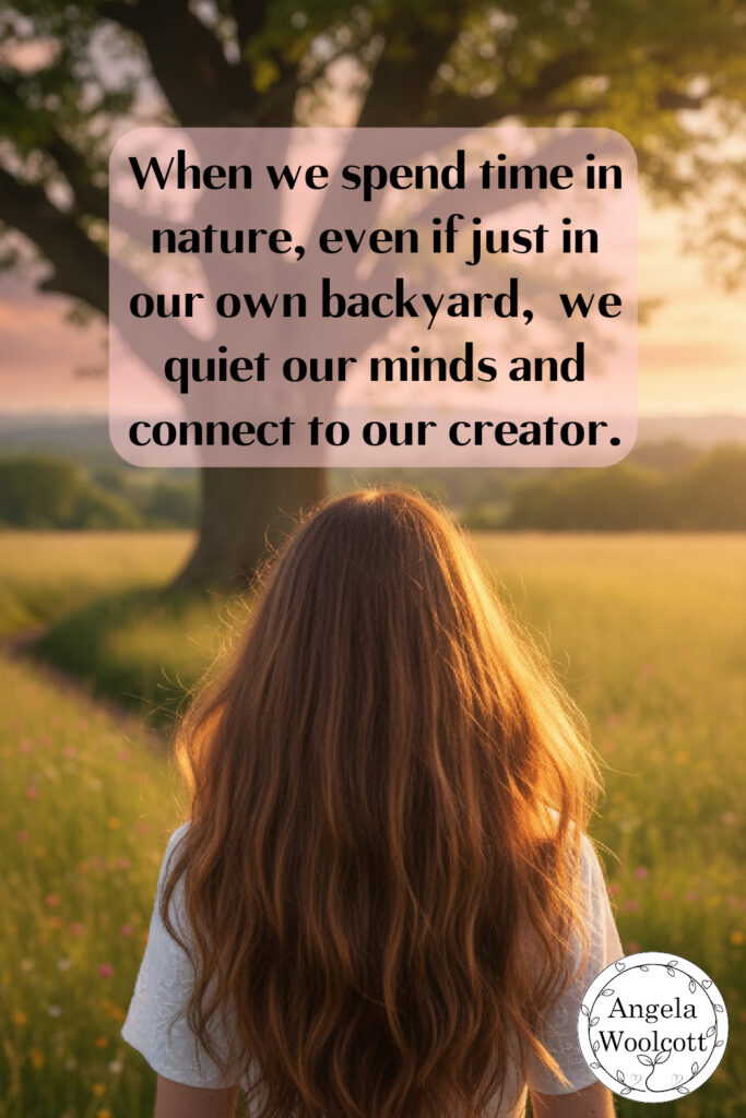 A young woman walking towards a large tree in a grassy field, with a quote superimposed. AI-generated image.