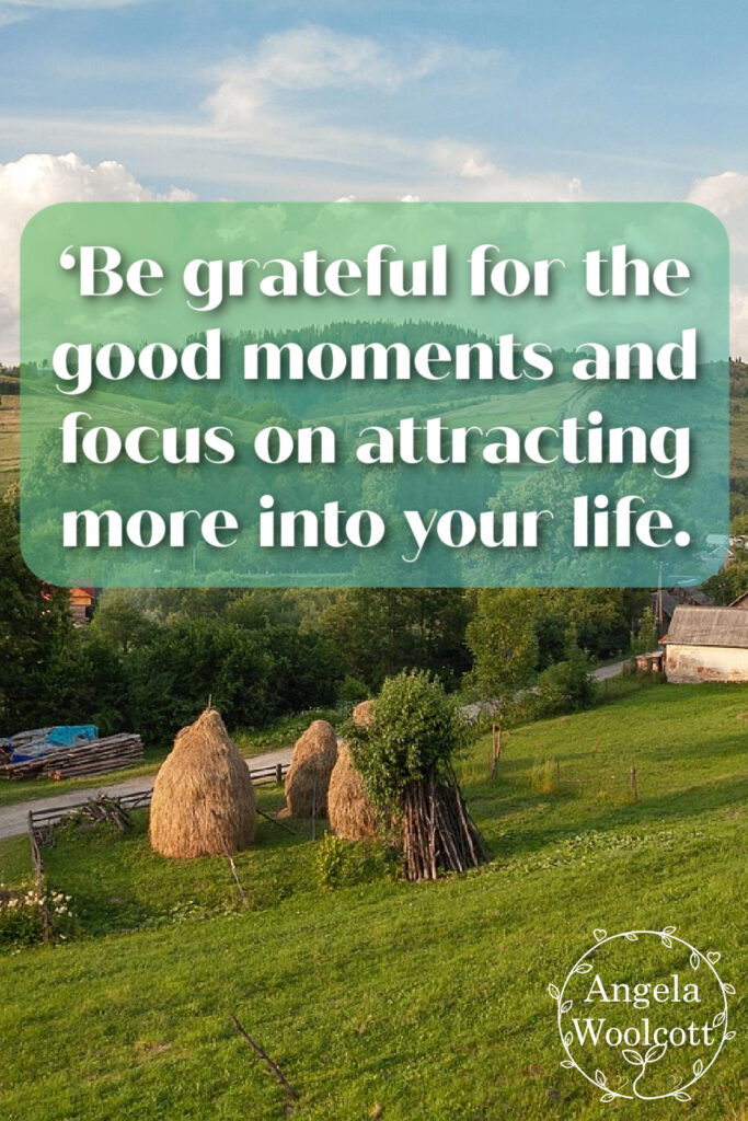 Picture of field with haybales, country cottage with positive quote.