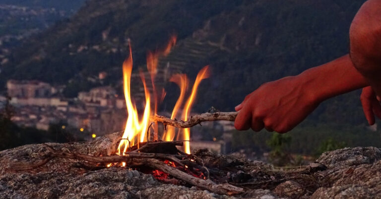 Picture of a campfire, fire with a hand holding a stick over the campfire.