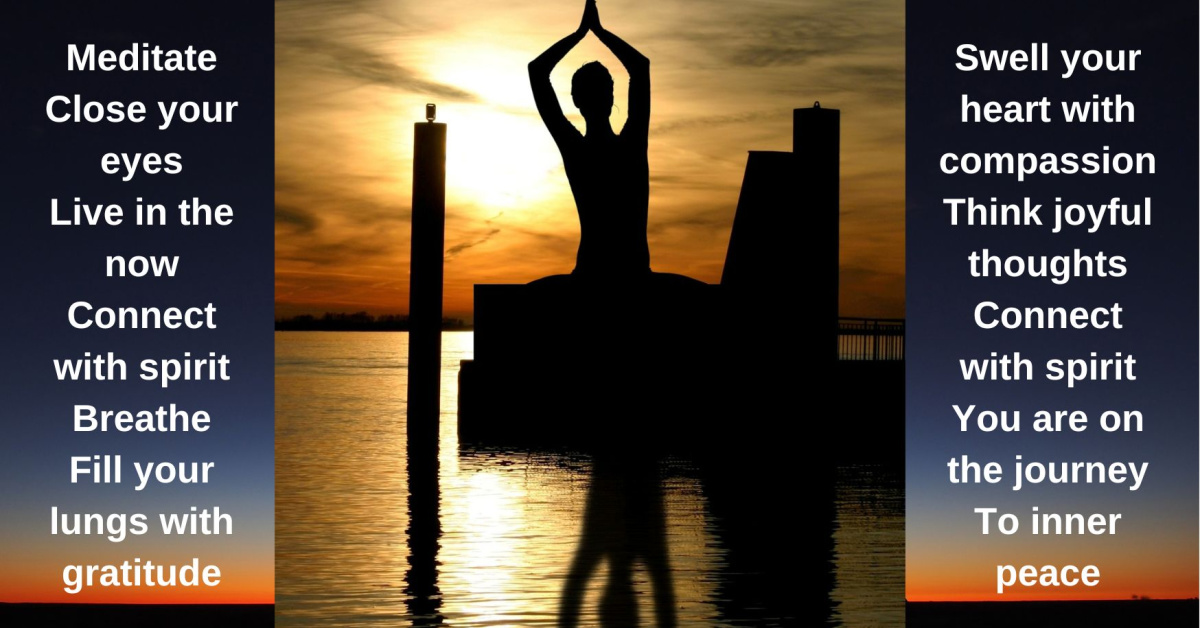 Image of a shadow of person meditating at sunset near water. positive quote.