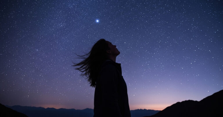 woman gazing stars night ai featured Picture of a silhouette of a woman looking up at the night sky, stars. AI Generated image.