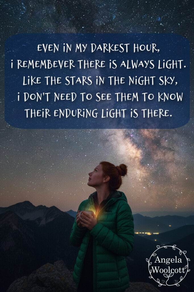woman looking milky way cup pinterest 1 A woman looking up at the night sky with stars, holding a hot mug with a positive quote overlaid.