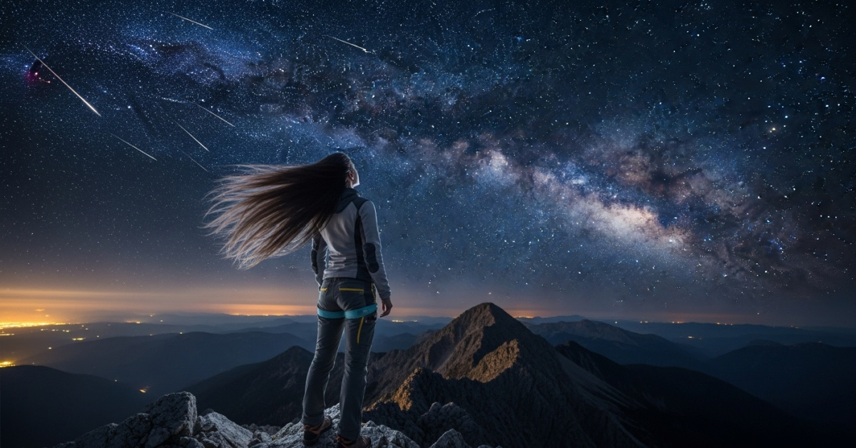 A woman looking up at the milky way. AI generated image.