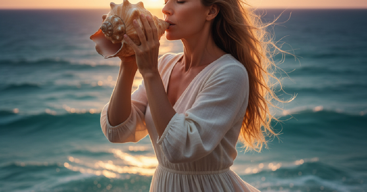 Woman blowing into a large sea shell with ocean in the background.