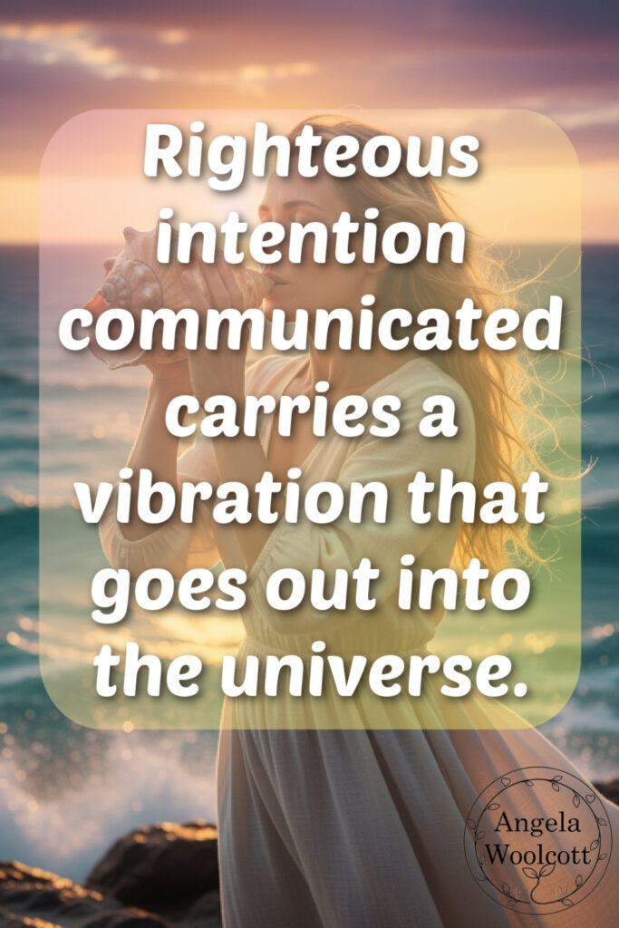 Woman blowing into a large sea shell with ocean behind her with positive quote. AI-generated image.