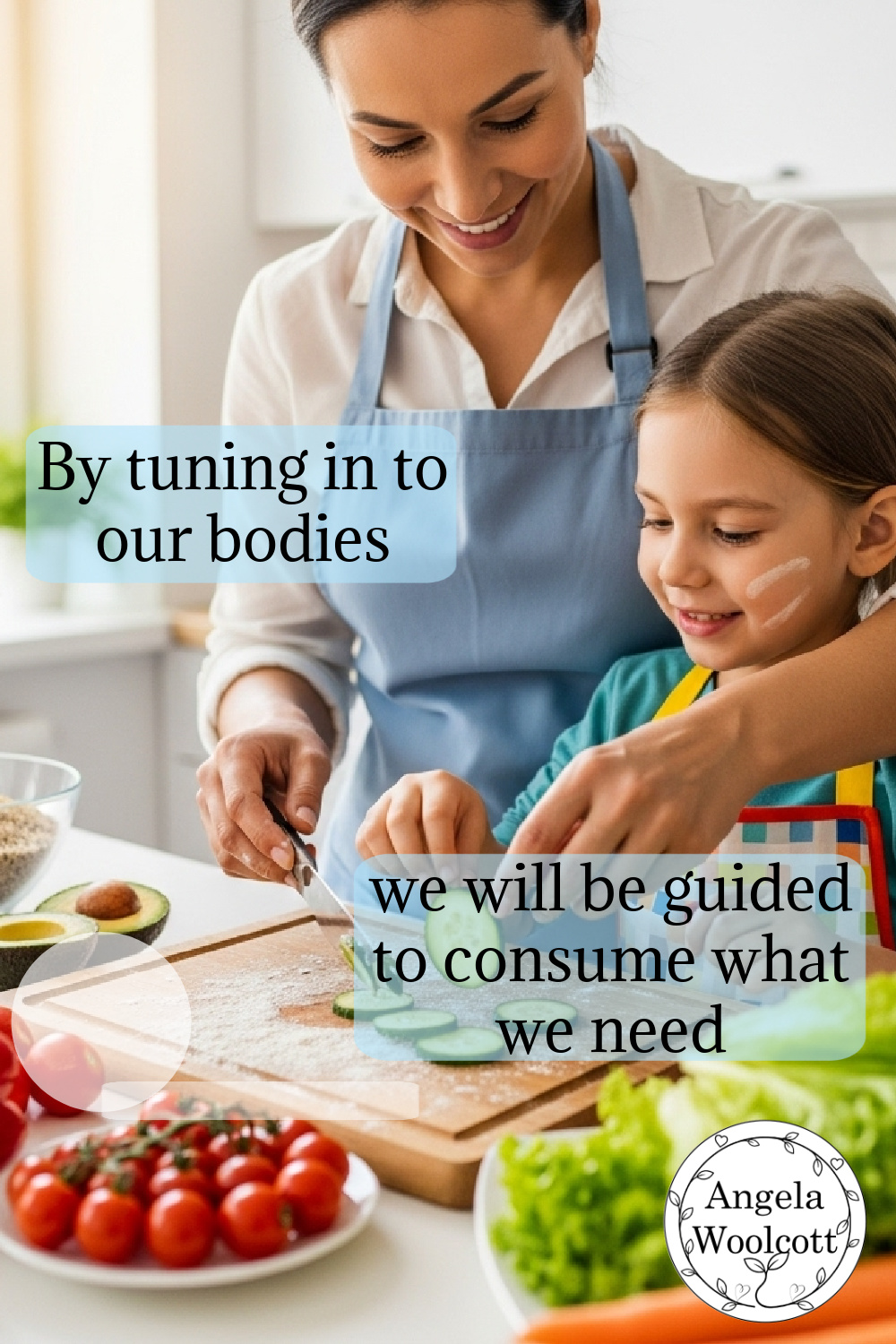A graphic about maintaining balance in children's health, covering gut health, immunity, and the importance of conscious choices. From author Angela Woolcott including quote 'By tuning in to our bodies we will be guided to consume what we need.'
