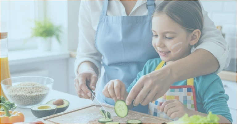 A parent and child happily preparing fresh vegetables and healthy ingredients together in a kitchen.