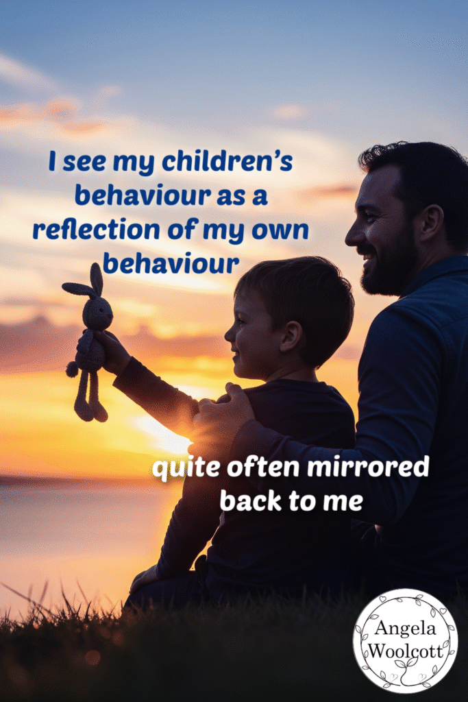 Dad and son in front of a sunset, bonding with a toy bunny. Quote: 'I see my children’s behaviour as a reflection of my own behaviour quite often mirrored back to me.'