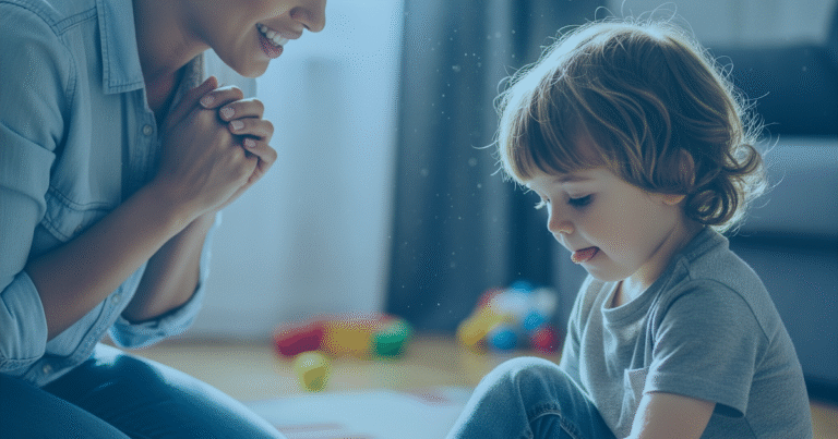 A mother, kneeling and smiling with a proud look, watches her young son intently putting on a shoe in a cozy living room.