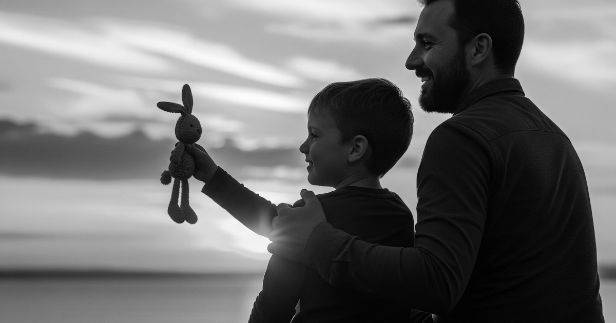 A father and his young son are sitting together, silhouetted against a vibrant orange and purple sunset. The boy is holding a toy bunny in his hand, as they both gaze out towards the setting sun over a lake.