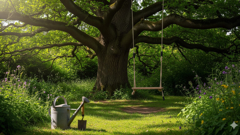 A large tree with a swing in a garden.