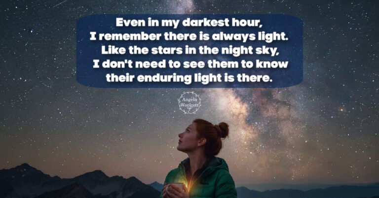 A woman holding a hot mug, looking up at the stars in the night sky, Milky Way in the background. A positive quote overlaid.