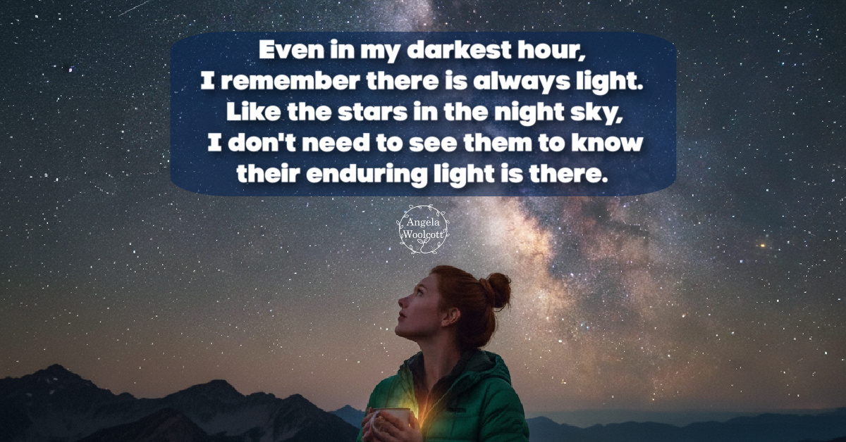 A woman holding a hot mug, looking up at the stars in the night sky, Milky Way in the background. A positive quote overlaid.
