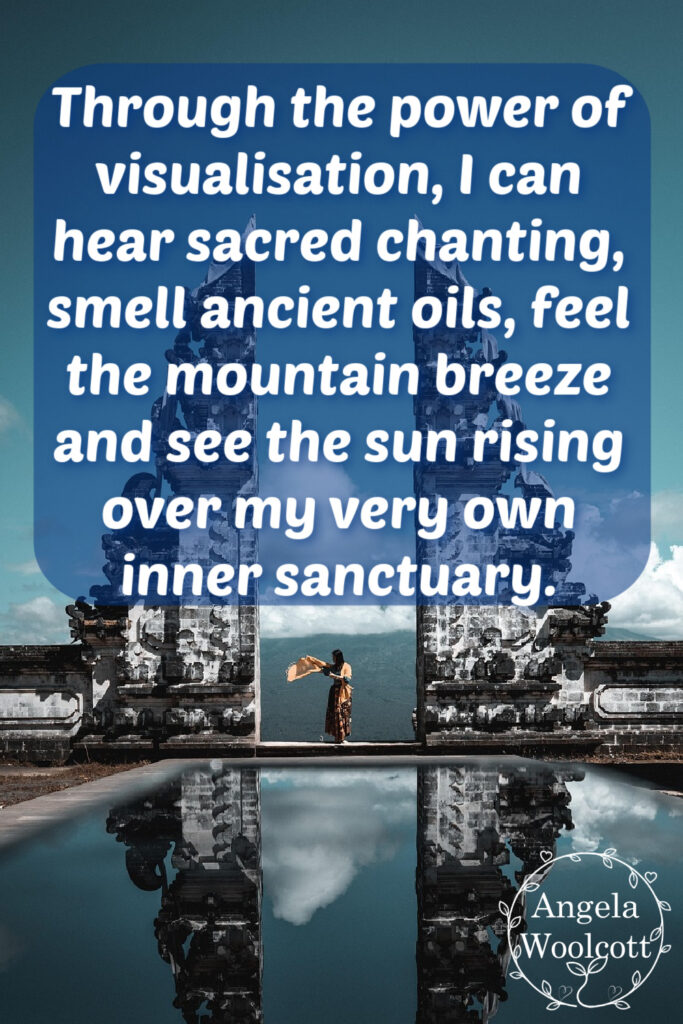 Bali temple with a woman near the gates with a positive quote.