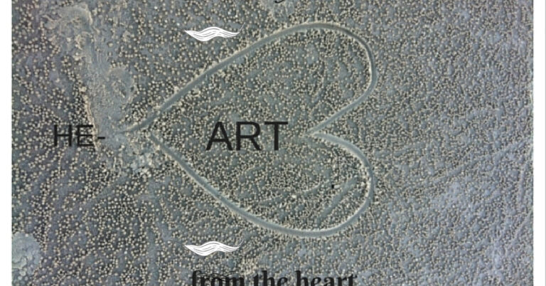 creativity comes from the heart quote angela woolcott.jpg 1200 x 628 1 Picture of heart drawn on the sand with a positive quote.