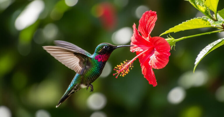 Close-up photo of a hummingbird hovering near a bright red flower, symbolising poetry in motion and The Rhythm of life and divine grace. AI image.