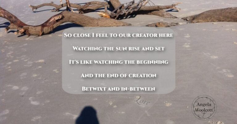 Angels Beach, logs, shadow of photographer with positive poem quote overlay.