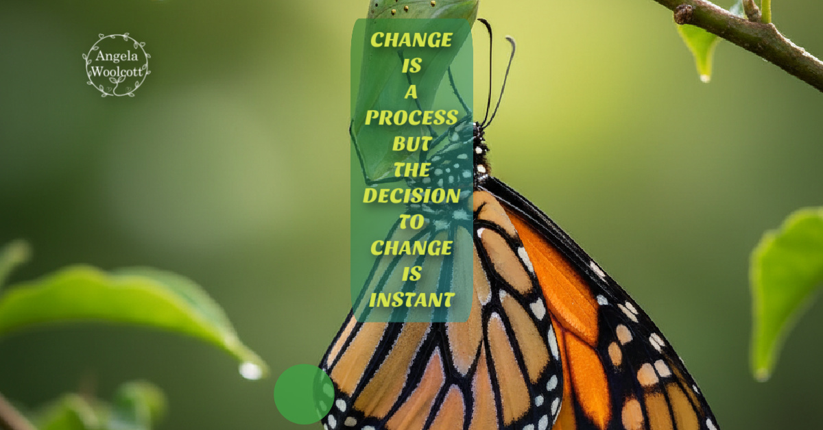 Monarch butterfly hanging from a cocoon with positive quote.