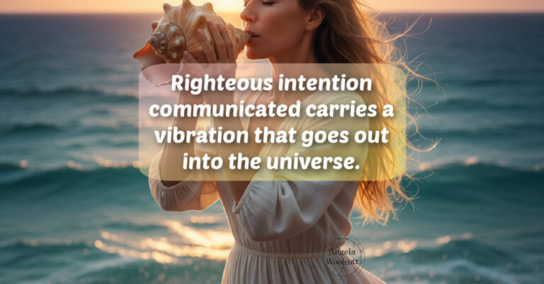 A woman blowing into a large seashell with the ocean behind her with a positive quote.
