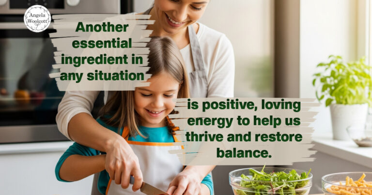 A mother and daughter are preparing healthy food in the kitchen, smiling with a positive quote overlaid.