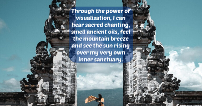 A woman dancing in between ancinet balinese temple doors with a positive quote.