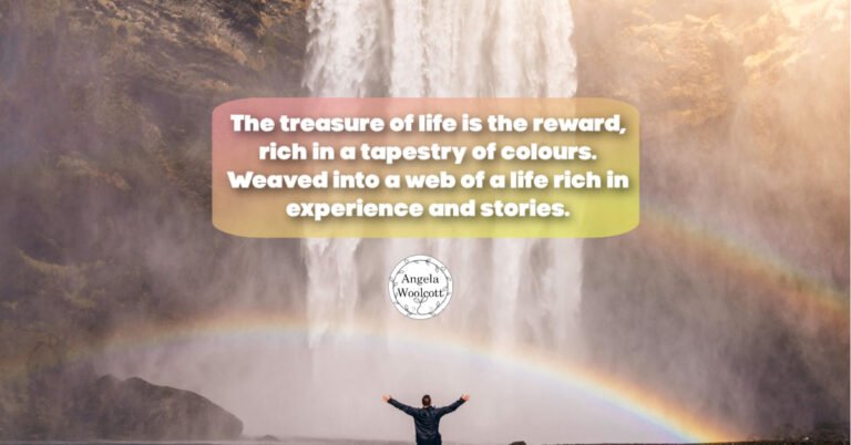 Person under a waterfall, rainbow with positive quote.