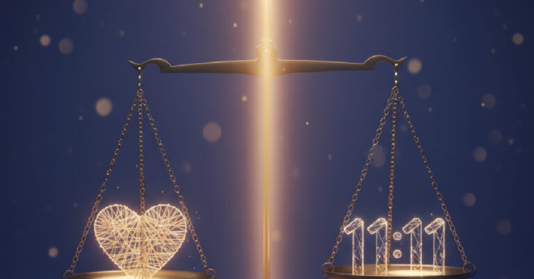 Picture of old-fashioned scales with heart and 11:11.