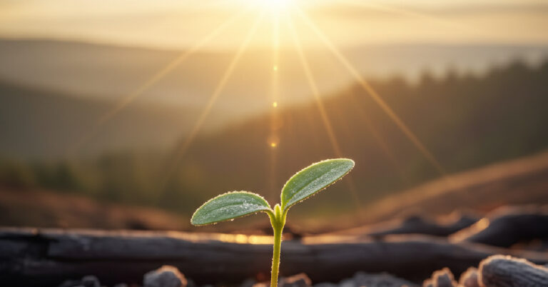 Sprout with sunlight on it, valley in the background.