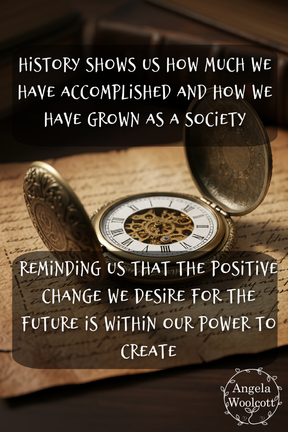 Old fashioned watch on papyrus paper with a positive quote.
