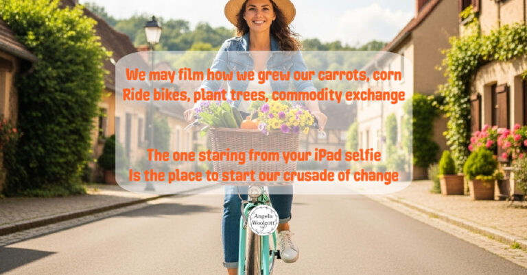 woman bike riding town basket flowers quote featured A woman riding down a quiet street on a bike, smiling with a basket of flowers and vegetables with a positive quote overlaid.