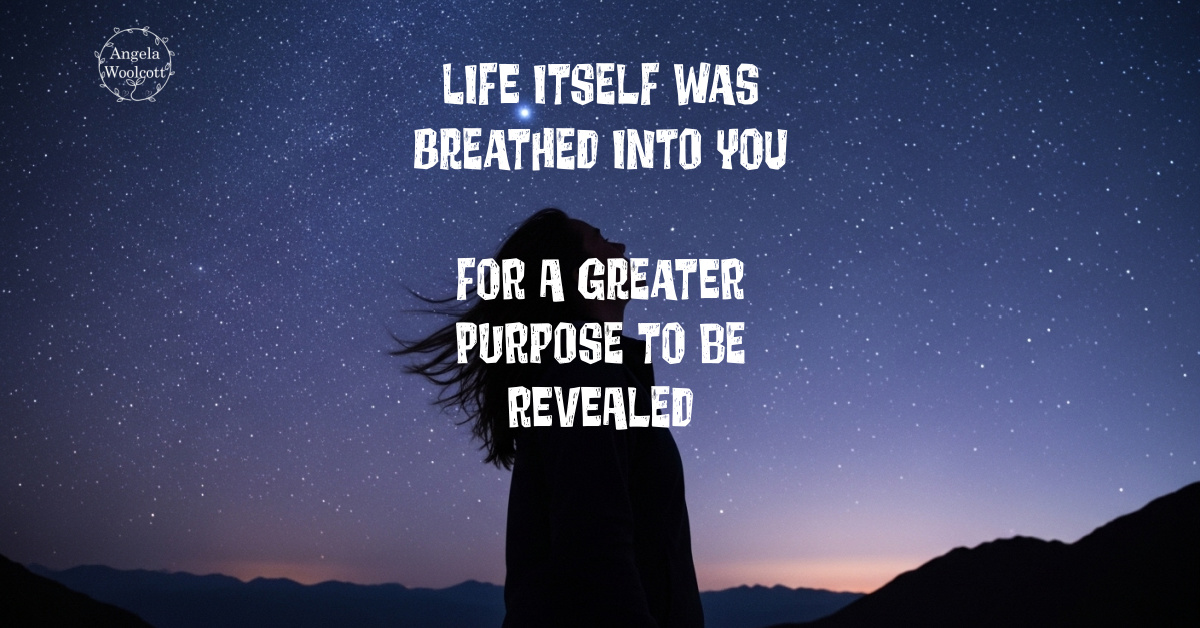 A woman gazing up at the night sky, sunset with positive quote.
