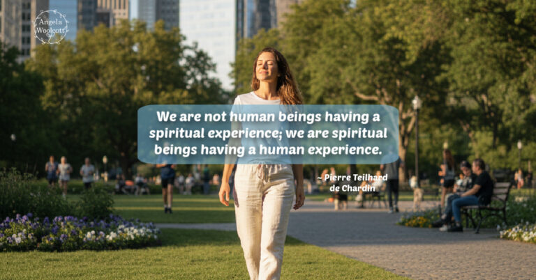 A woman walking in a city park smiling with positive quote.