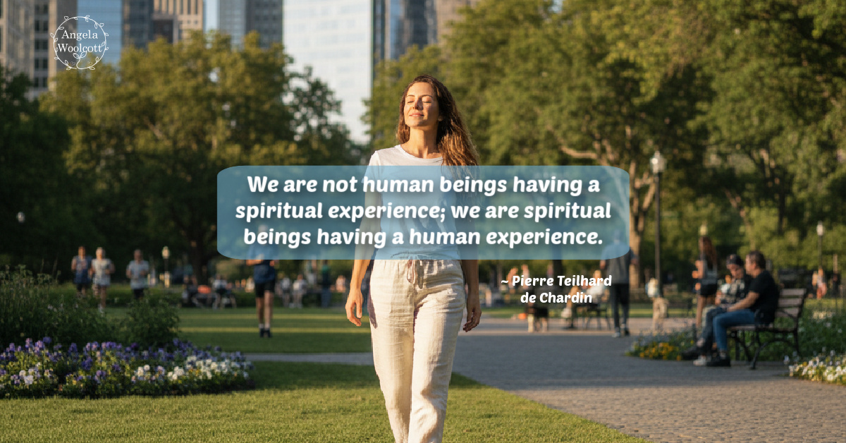 A woman walking in a city park smiling with positive quote.