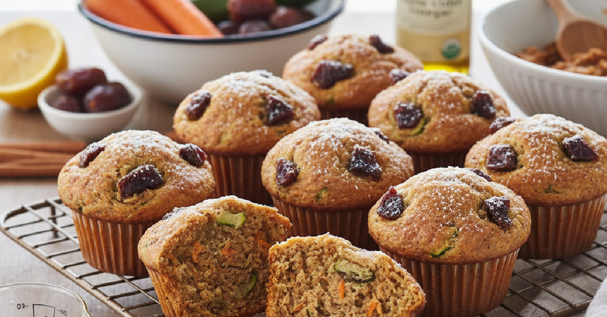Muffins on a baking tray in a kitchen with healthy ingredients in the background.