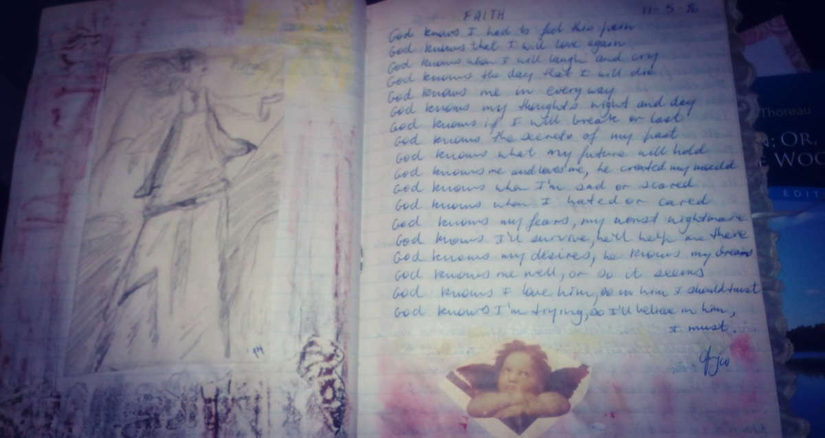 Handwritten poem titled Faith from Angela Woolcott's original poetry diary with angel illustration.
