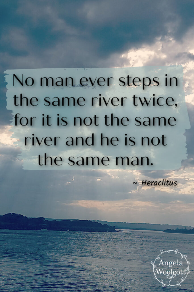 Philosophical quote by Heraclitus overlaid on a photo of sunbeams reflecting on the Ballina River, taken by Angela Woolcott. ©Angela Woolcott, 2026