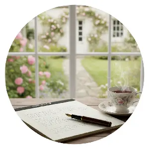 A window with flowers and garden in background, with a pen and notepad and teacup on a desk.