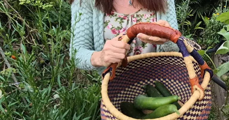 Angela Woolcott holding a basket full of freshly harvested cucumbers, with a lush vegetable garden in the background.